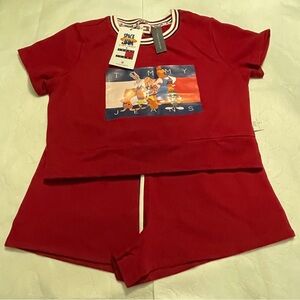 NWT Tommy Jeans Space Jam Red Short Sleeve Loungewear Set XL Sporty Y2K